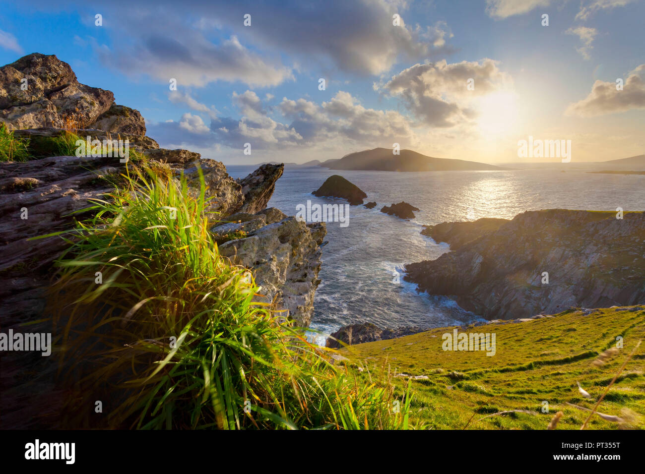 Dunmore Head, scenic irish west coast, looking from dingle peninsula (Europe`s most westerly mainland point)in western ireland towards blasket islands while the sky is clearing up, Stock Photo